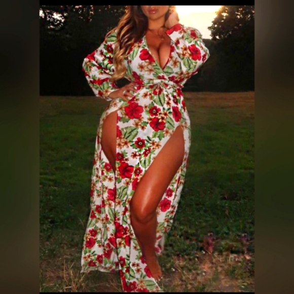NEW Sexy Floral Print Slit Thigh Maxi Dress Large - Picture 1 of 3
